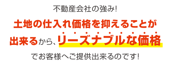 不動産会社の強み！土地の仕入れ価格を抑えることが出来るから、リーズナブルな価格でお客様へご提供出来るのです！